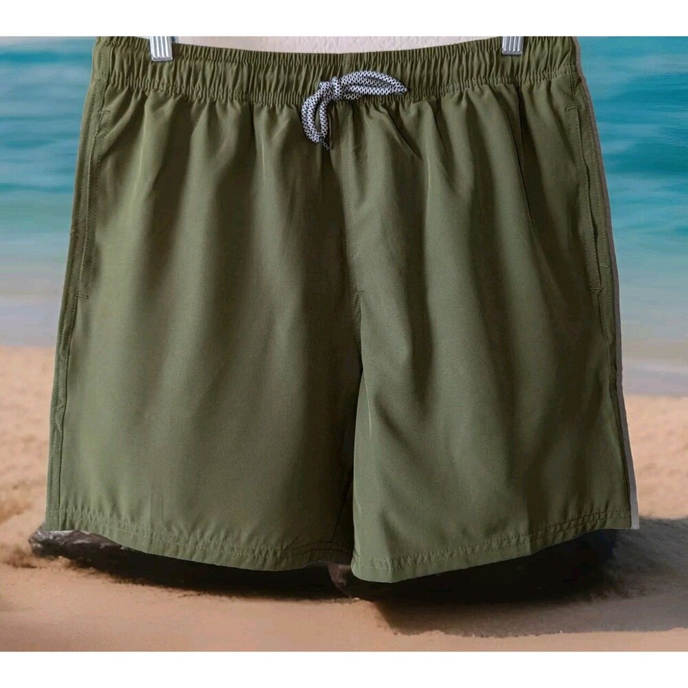 Men’s Biwisy Swim Trunks Size Medium Olive Green Pockets Mesh Lining, NWT